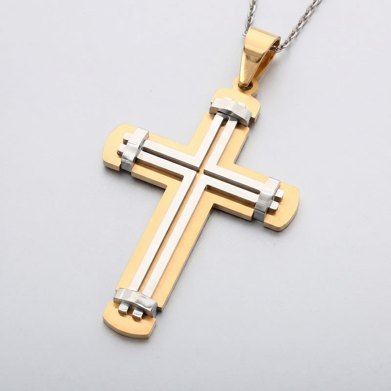 Hip-Hop Style Retro Rock Double-Layer Rivet Splicing Cross Titanium Steel Pendant Men's Color Necklace
