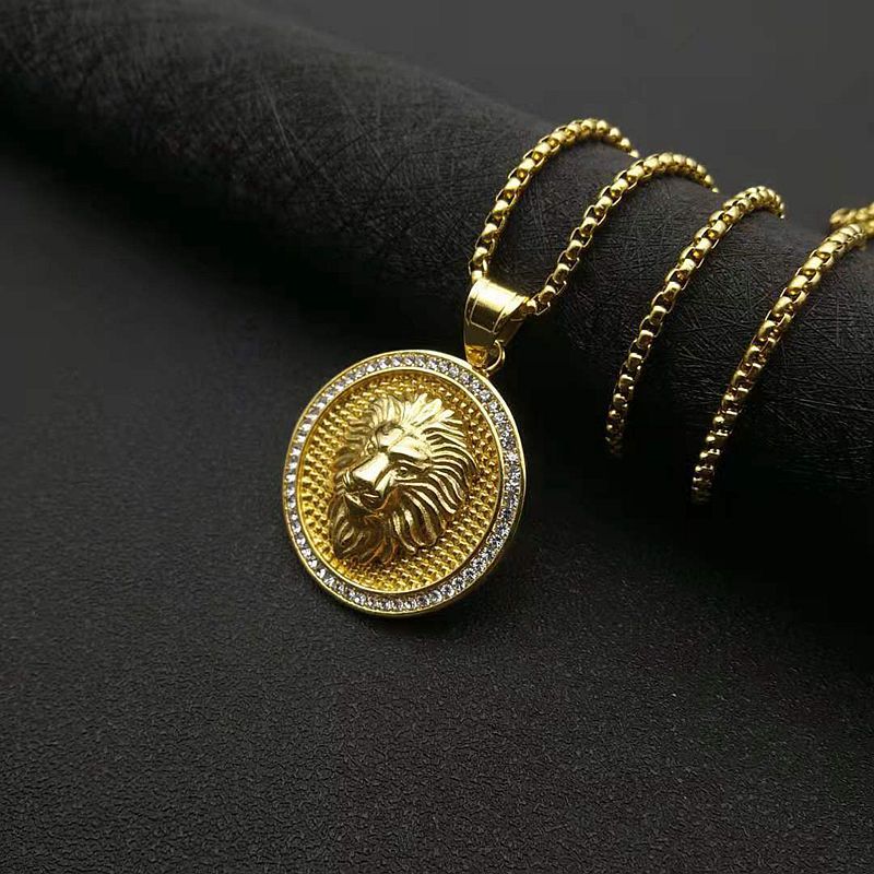 Rhinestone Necklace - Luxury Lion Head Pendant, Gold Plated Steel, Hip Hop Style