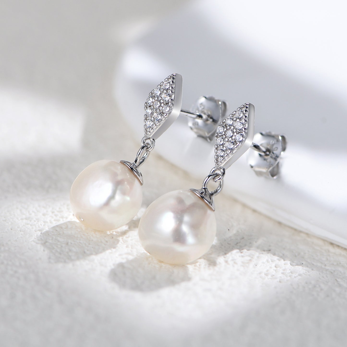 Planderful S925 Sterling Silver Geometric Rhombus Pearl Zircon Drop Earrings For Women