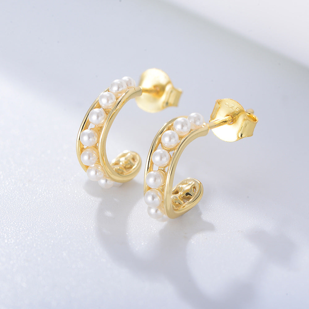 S925 Sterling Silver Geometric C-Shaped Hollow Pearl Earrings, Retro Stud Earrings,
