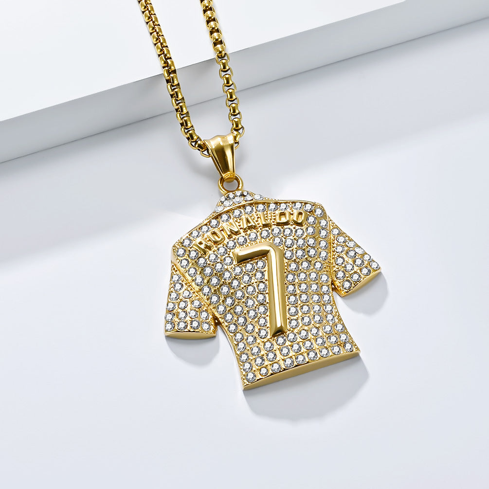 Planderful World Cup Football Jersey Pendant for Boys Bold Gold Plated Zircon Titanium Steel Necklace