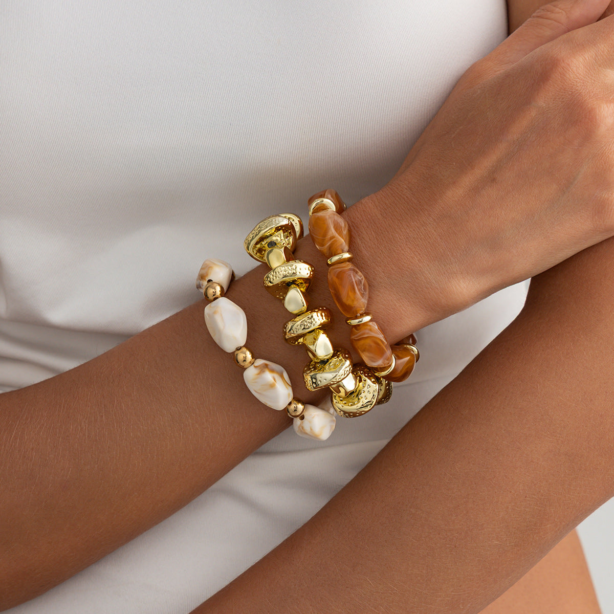 Amber Beaded Stacked Bracelet Knock Pattern Smudge Elastic Bracelet
