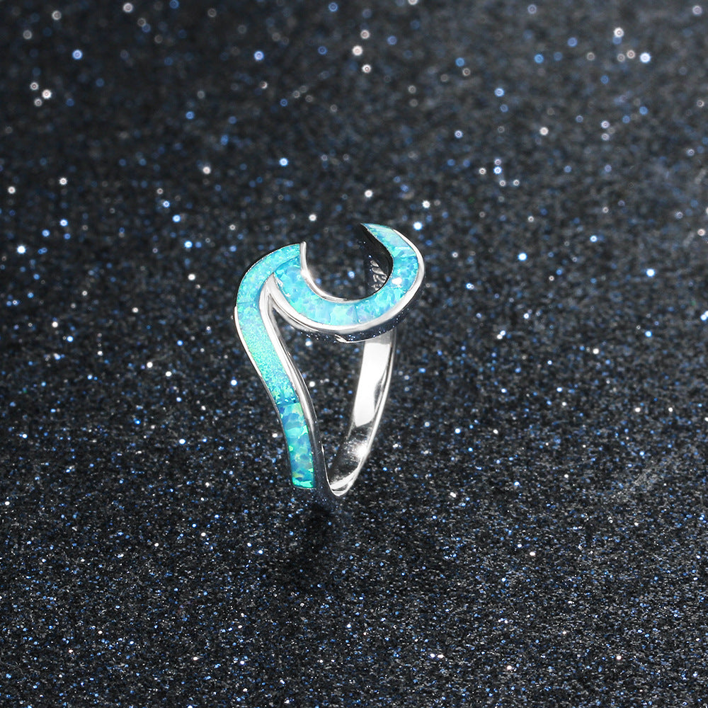 Planderful Jewelry Sterling Silver Opal Ring Blue Geometric Design For Women Collection