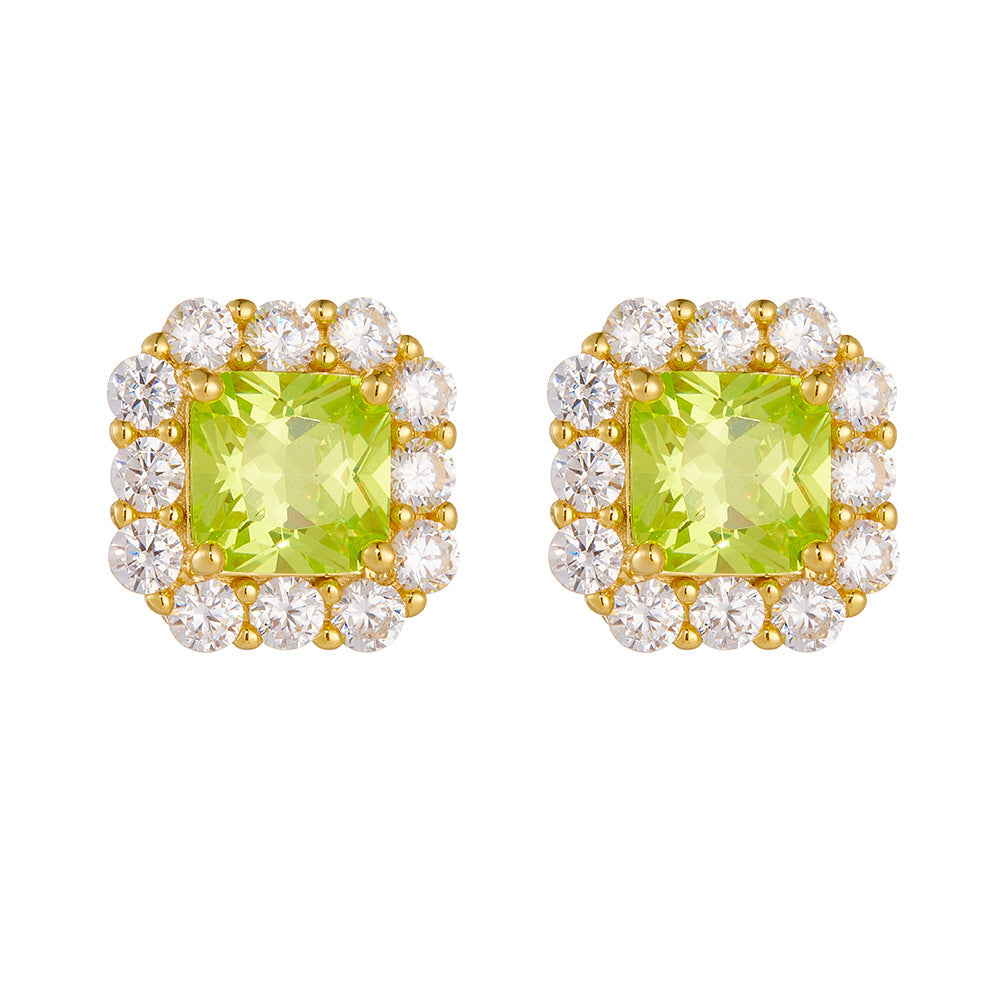 Color Gemstone Stud Earrings S925 Sterling Silver Earrings High-End Square Zircon Earrings Jewelry.