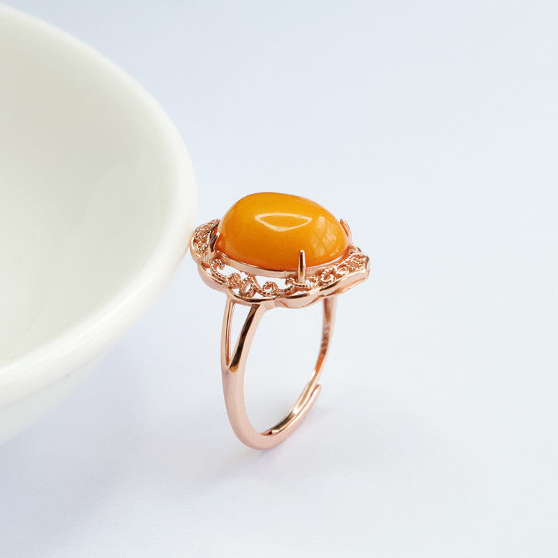 Sterling Silver Adjustable Russian Amber Bee's Wax Ring