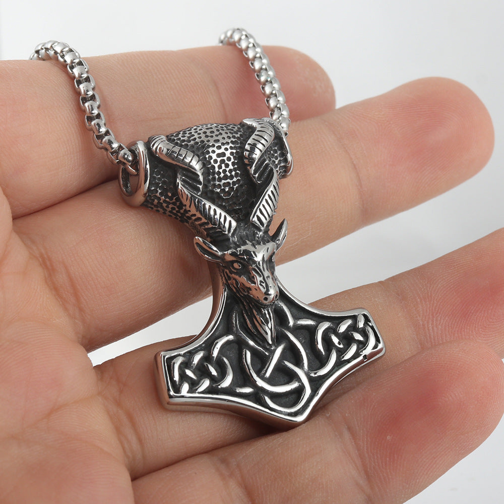 Titanium Steel Thor Hammer Pendant Necklace for Men - Retro Punk Animal Antelope Design