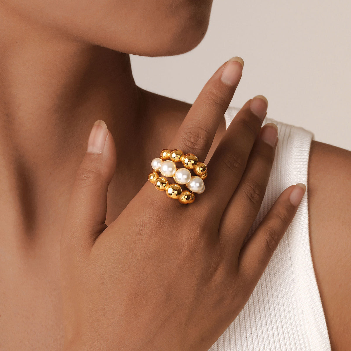 Stainless Steel Imitation Pearl Ball Multi-Layer Casting Ring – Gold