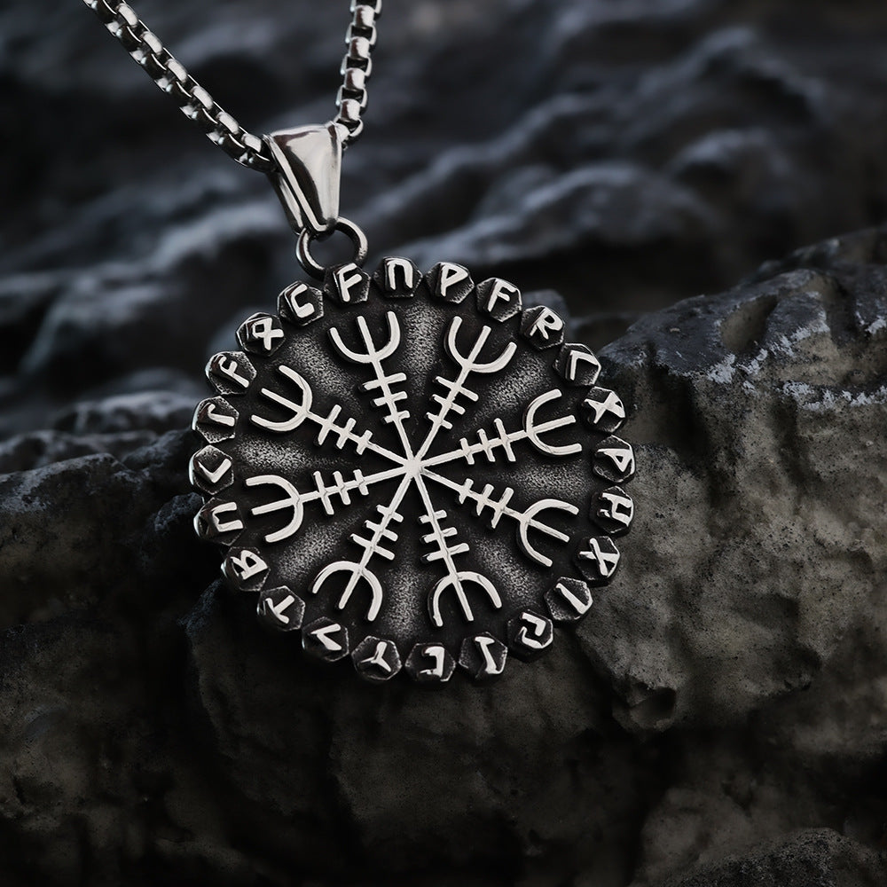 Nordic Retro Stainless Steel Men's Viking Compass Rune Necklace