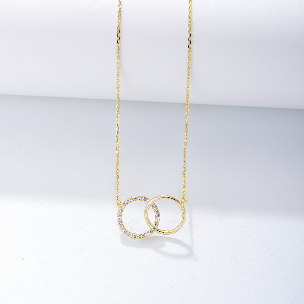 S925 Sterling Silver Personality Zircon Double Circle Ring Necklace Set Chain