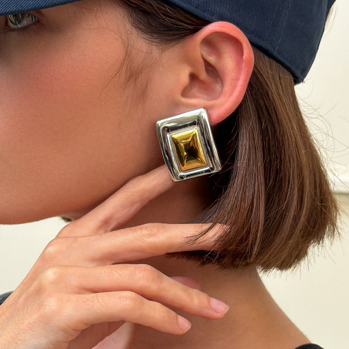 Planderful Vienna Verve Two Tone Stainless Steel Earrings Minimalist Square Statement Unisex Everyday Wear