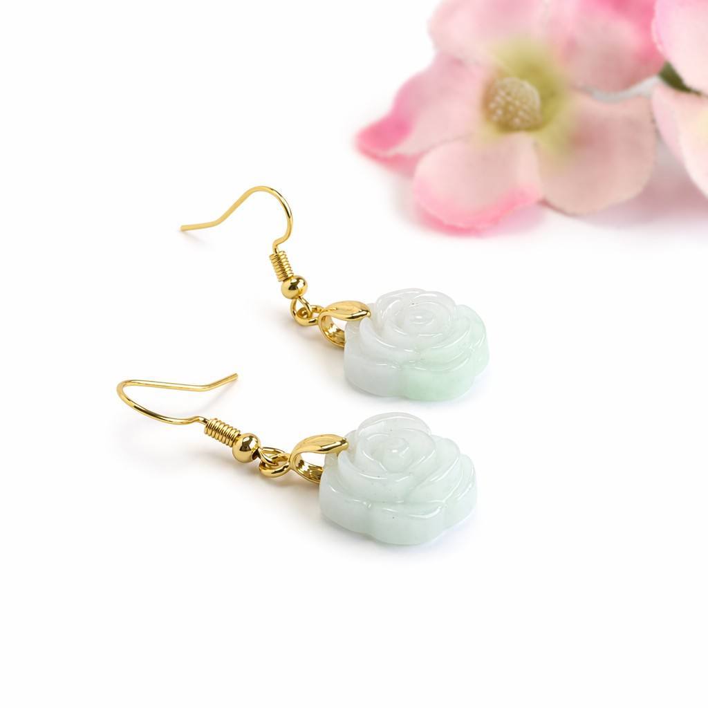 Jadeite Rose Flower Hook Earrings