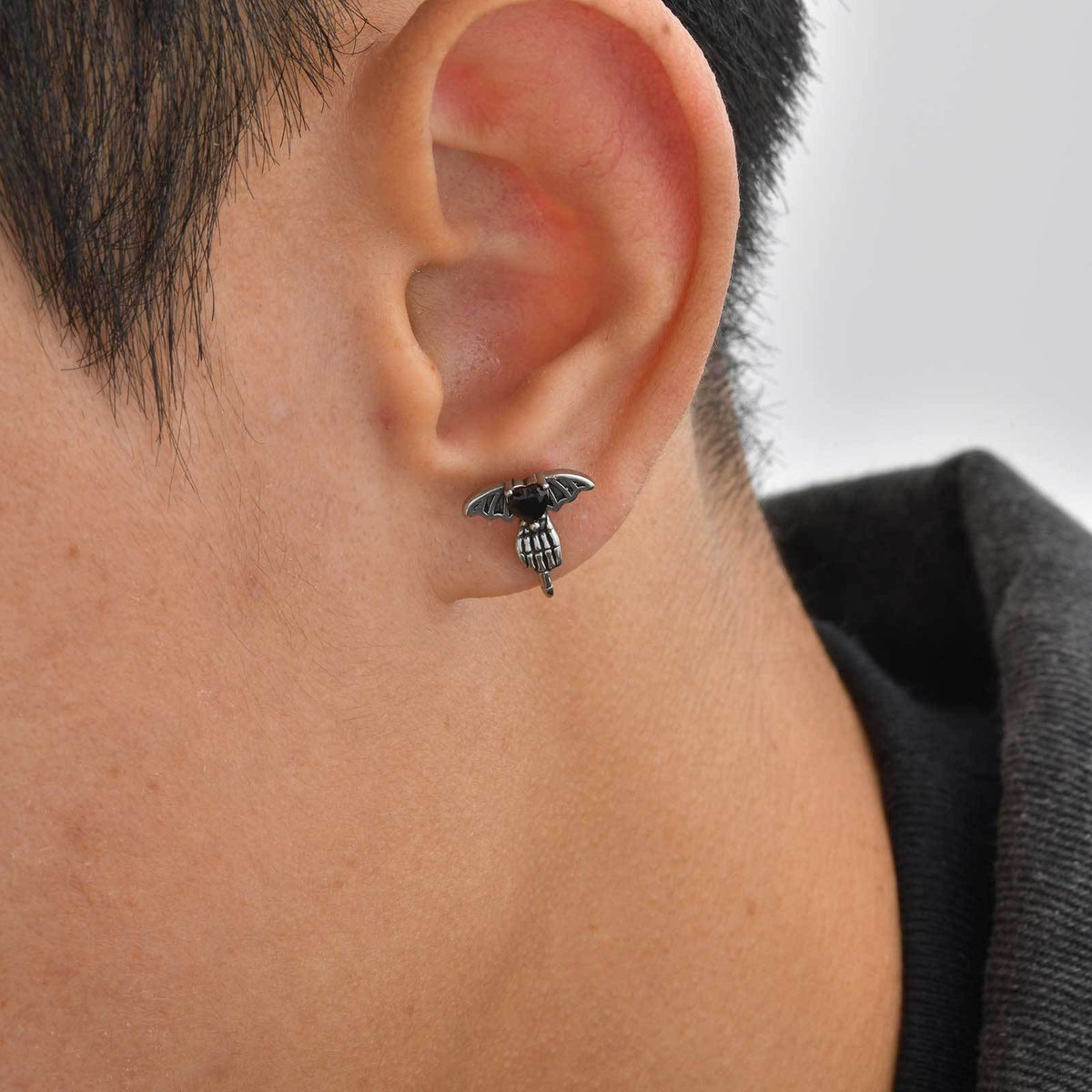 Silver-Tone Black Heart Bat Skeleton Earring — Single