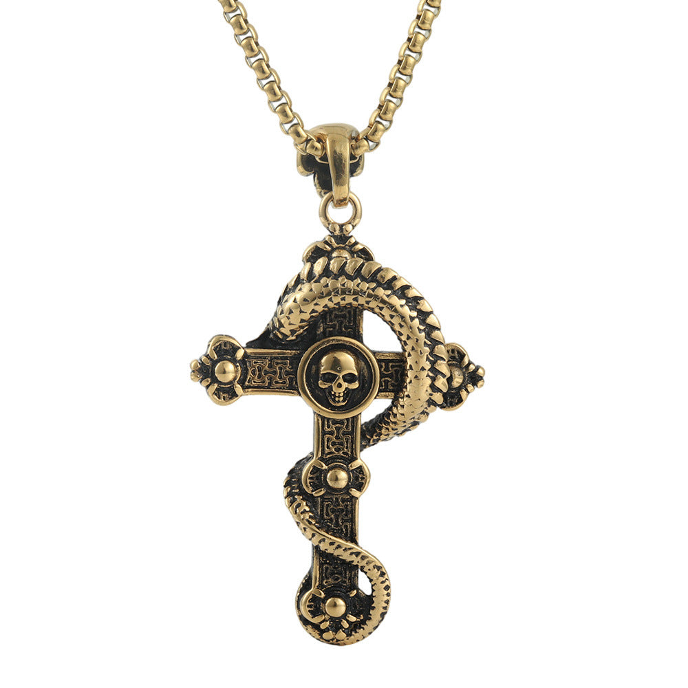 European And American Stainless Steel Skull Pendant Men's Trendy Retro Titanium Steel Cross Necklace