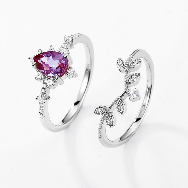 Planderful Jewelry Alexandrite Ring in Sterling Silver V Shape Zircon Leaf Design