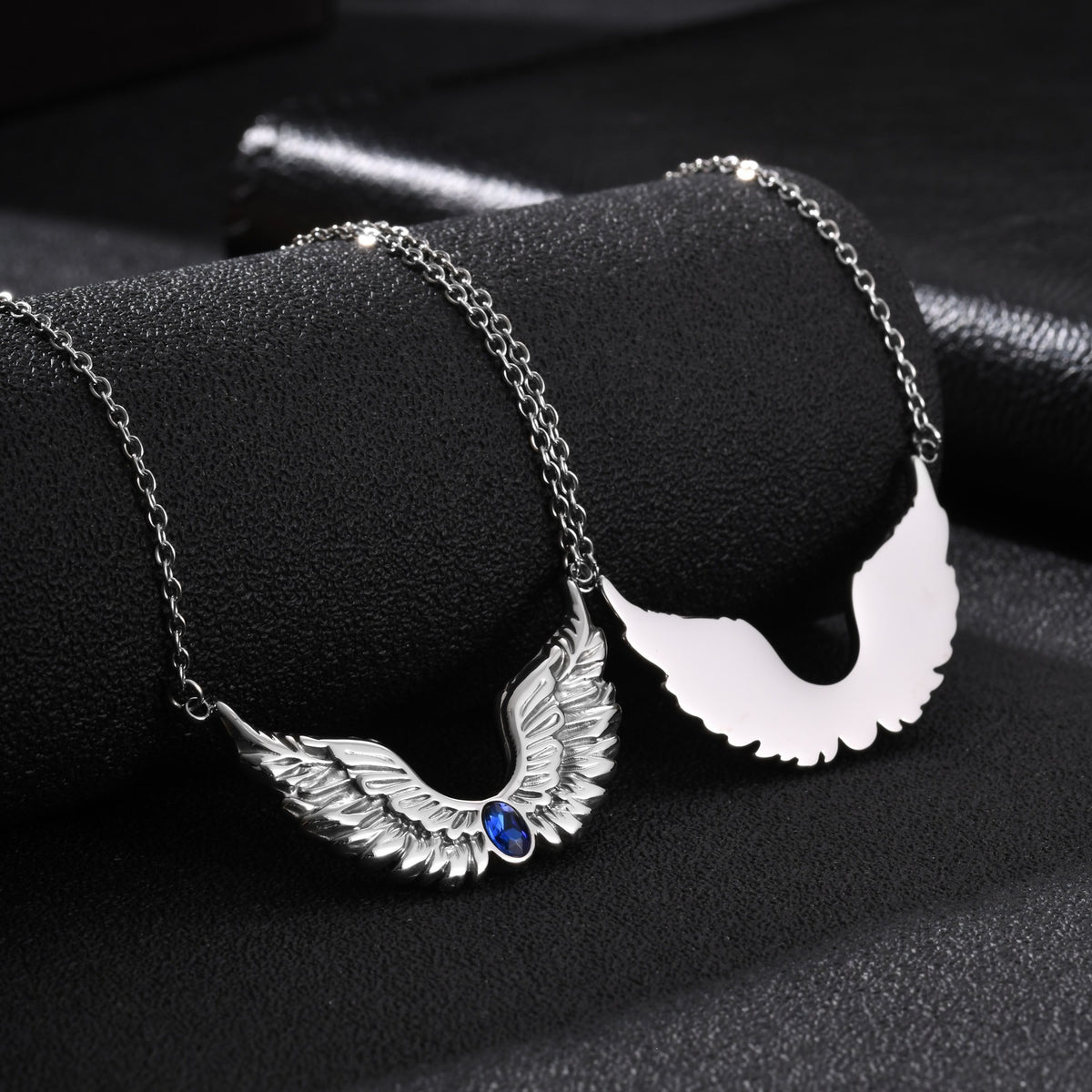 Style Men's Stainless Steel Black Zirconium Feather Wing Necklace Punk Stacked