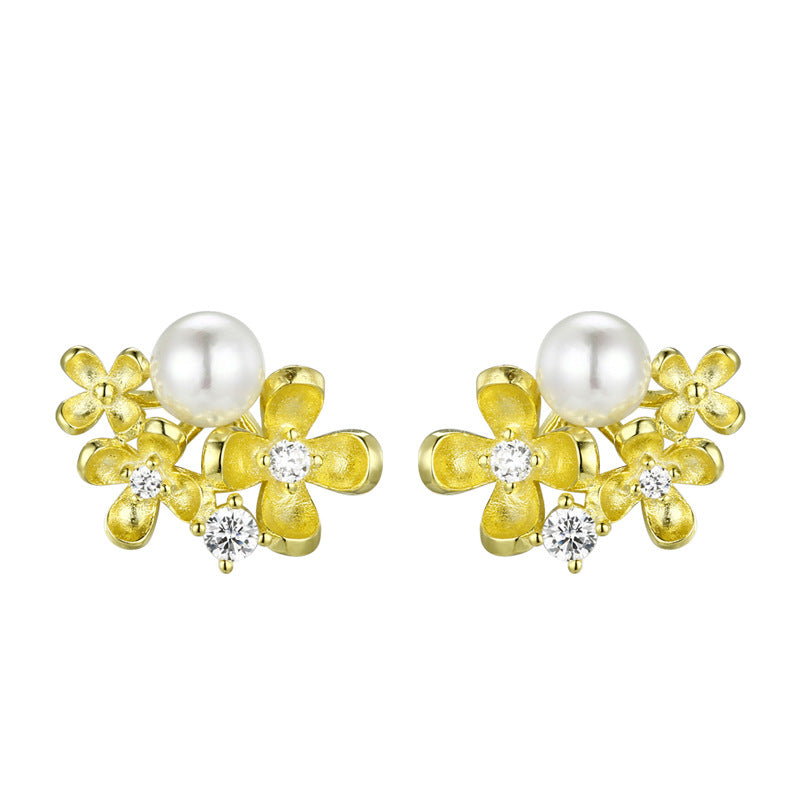 Laurel Flower Pearl Sterling Silver Stud Earrings