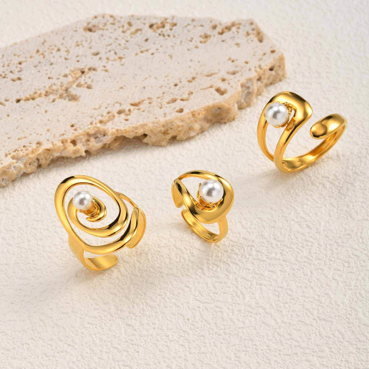 Women's Style – Stainless Steel Imitation Pearl Geometric Lines Open Stacked With Ring