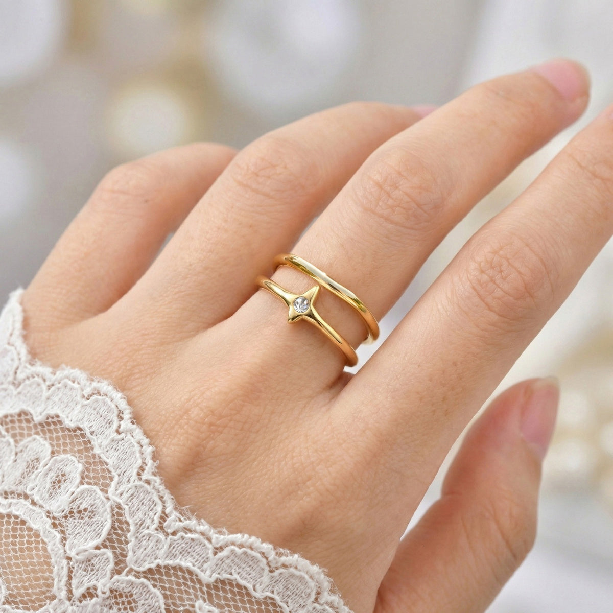 Unique Design Index Finger Ring Stainless Steel Irregular Double Layer Quadrangram Zircon