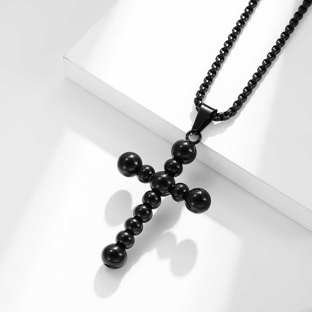 Planderful Titanium Steel Beaded Cross Necklace Unisex Trendy Cold Style Jewelry
