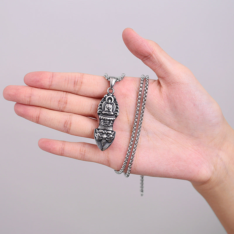 Steel Necklace - Vintage Vajra Pendant Ethnic Double-Headed Design For Everyday Wear