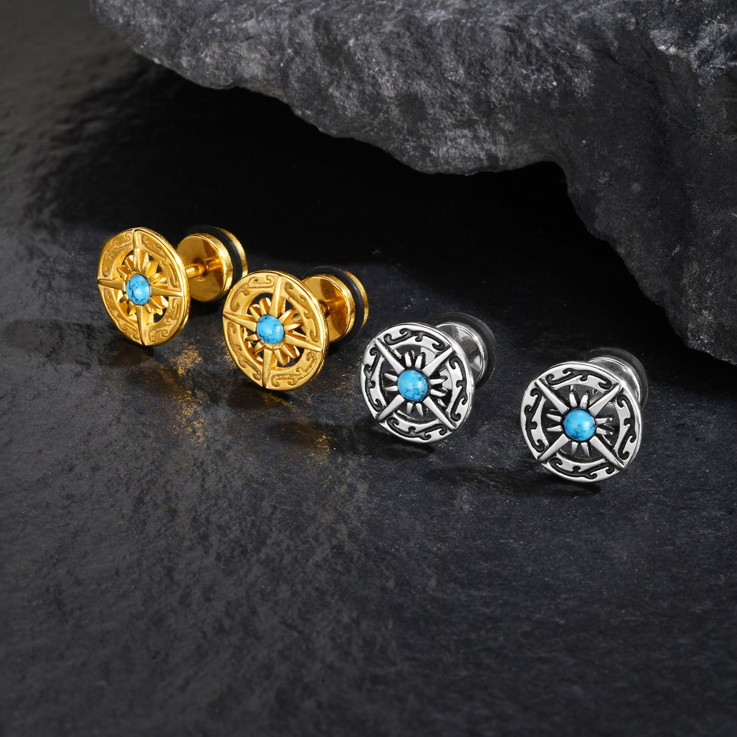 Planderful Turquoise Compass Stud Earrings Stainless For Men