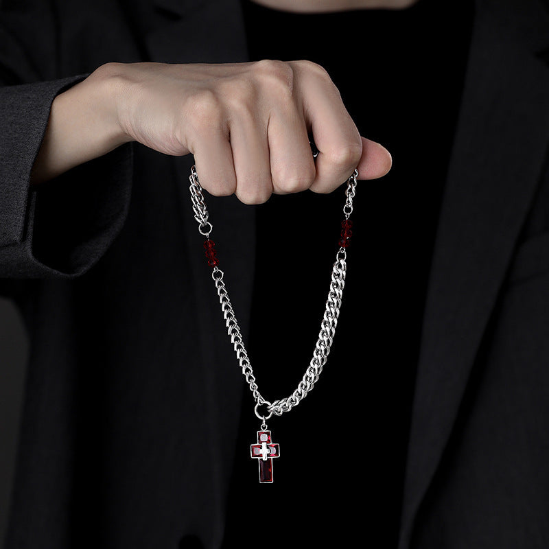 Planderful Jewelry Steel Fishbone Chain Cross Pendant Necklace