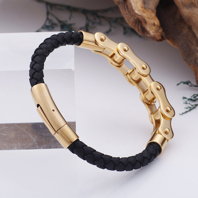 Cool Men's Stainless Steel Bicycle Chain Leather Bracelet – Locomotive Chain Cowhide
