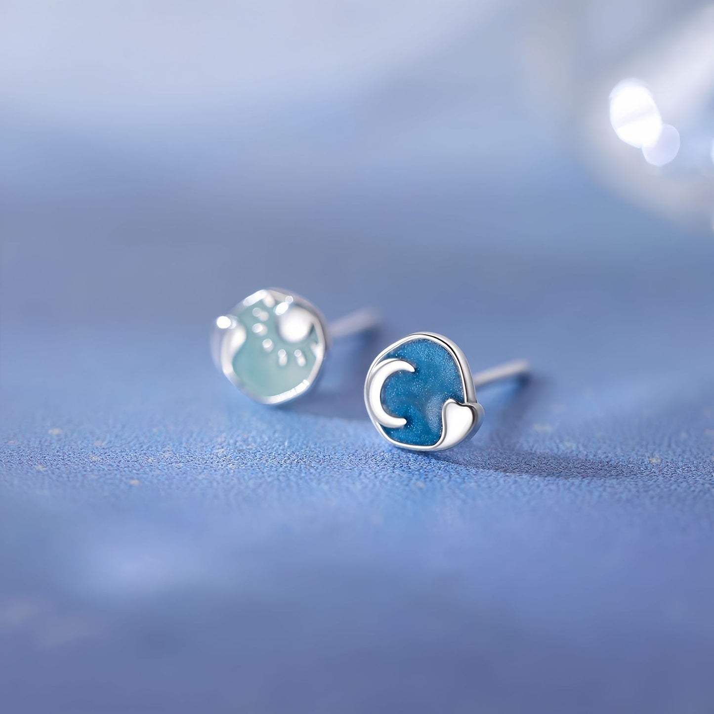 Sterling Silver Day And Night Stud Earrings With Sun Moon Motif Blue Enamel By Planderful For Women Elegant Timeless