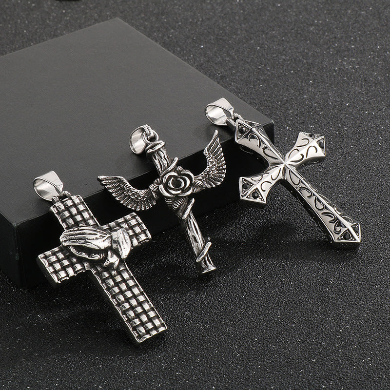 Flying Wings Pendant, Gothic Lion Head Rose Cross Wings Titanium Steel Men's Pendant Necklace
