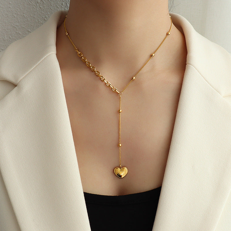 French Gold Heart Tassel Necklace - Women's Collarbone Chain