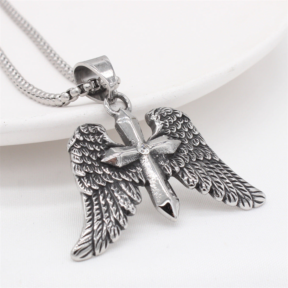Planderful Everyday Genie – Retro Cross Wings Titanium Steel Pendant Necklace for Men