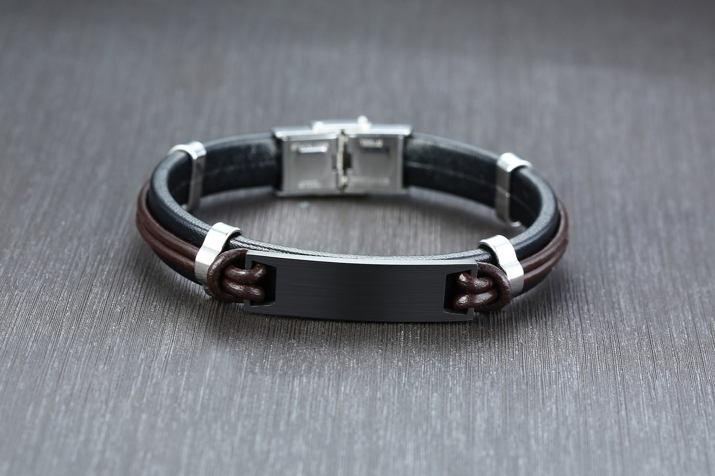 Stainless Steel Leather Bracelet for Men, Black European Style