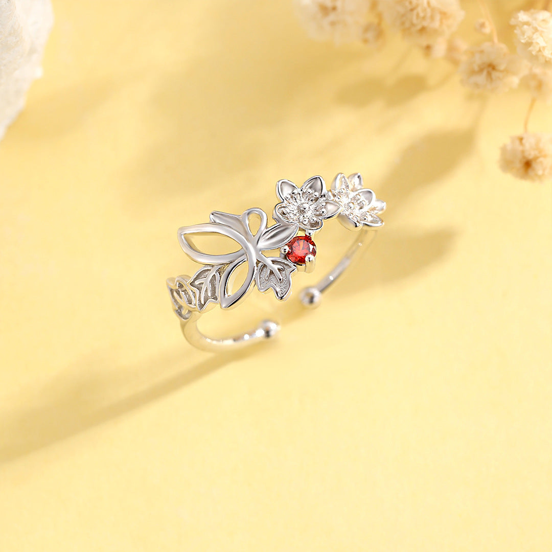 Planderful Luxurious Medieval Butterfly Ring Red Zircon For Women S925 Sterling Adjustable Opening Vintage Style