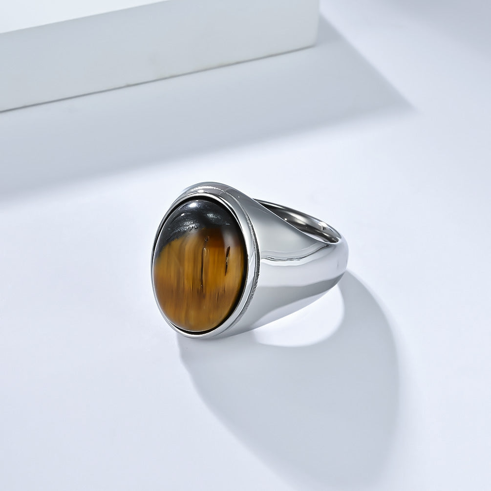 Planderful Tiger Eye Ring Titanium Steel Inlaid Natural Stone For Men Index Finger Jewelry Trendy Luxury