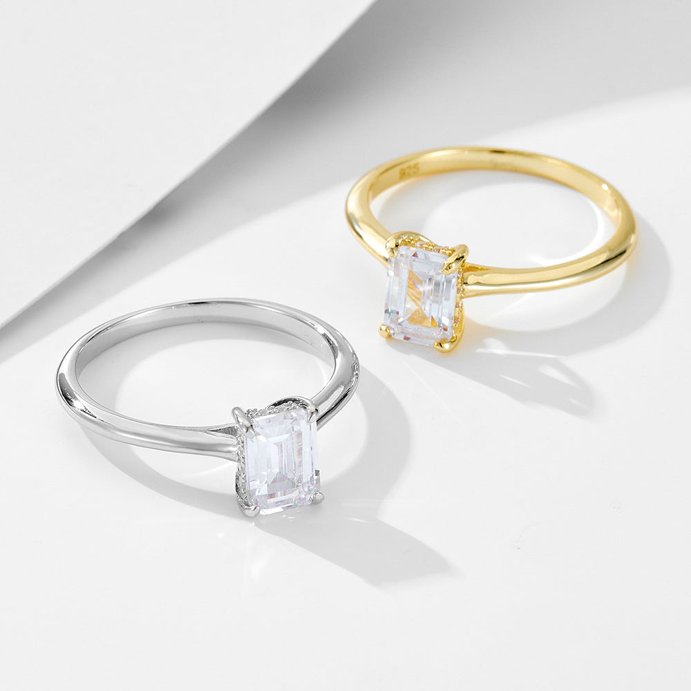 S925 Sterling Silver Geometric Rectangular Zircon Ring In Europe And America For Wedding