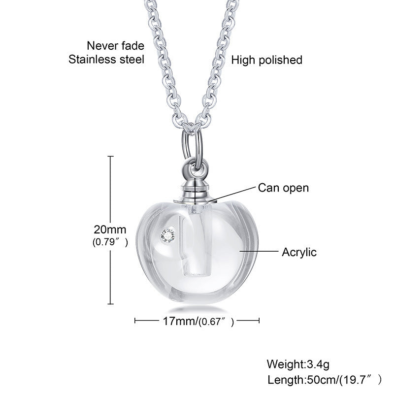 Stainless Steel Green Pink Glass Apple Urn Perfume Pendant Necklace