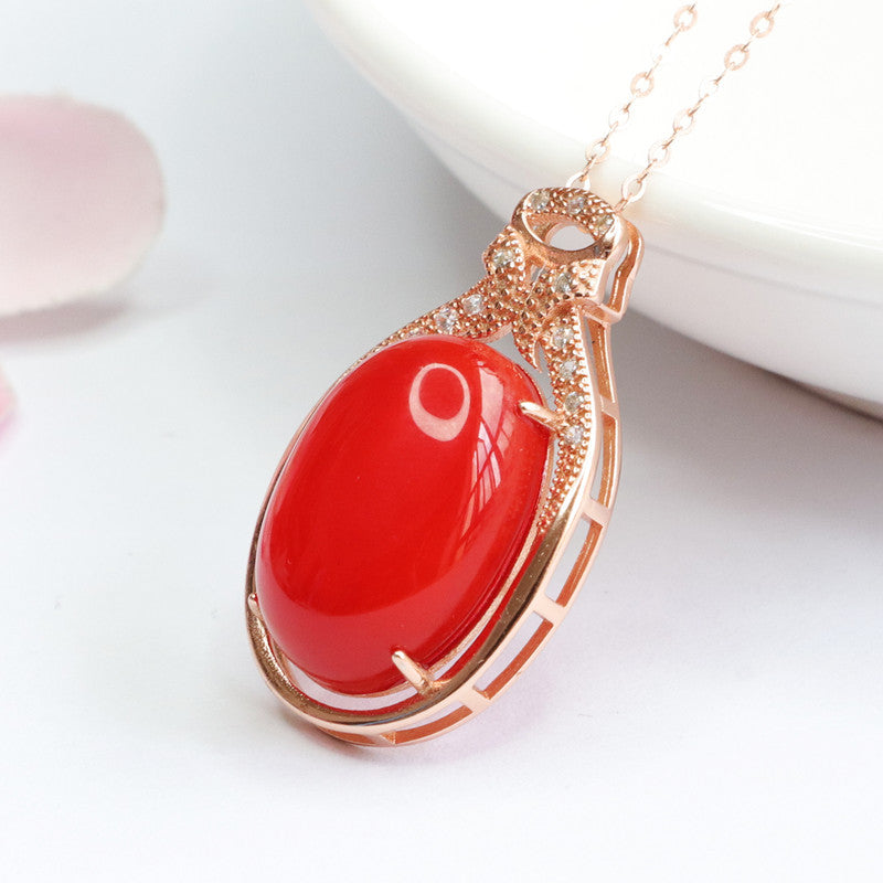 Pigeon Egg Red Agate Necklace with Zircon Rose Gold Detail