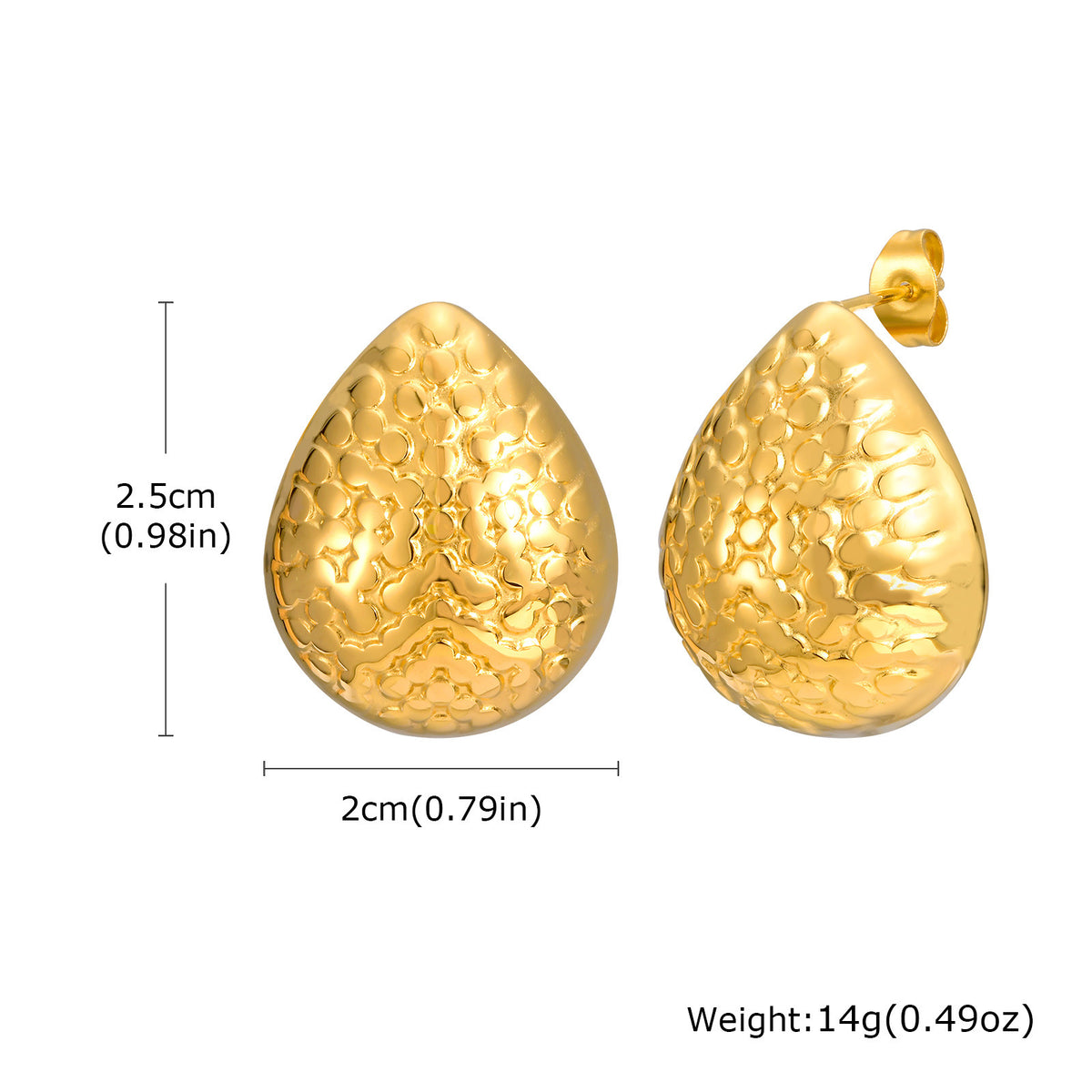 Hammered Teardrop Stud Earrings — Gold