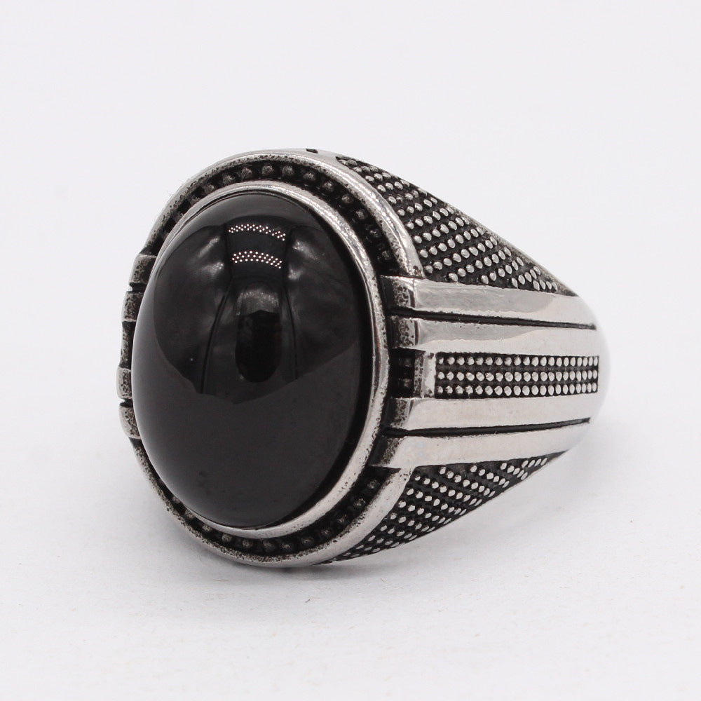 Planderful Titanium Steel Ring Unisex Oval Black Stone