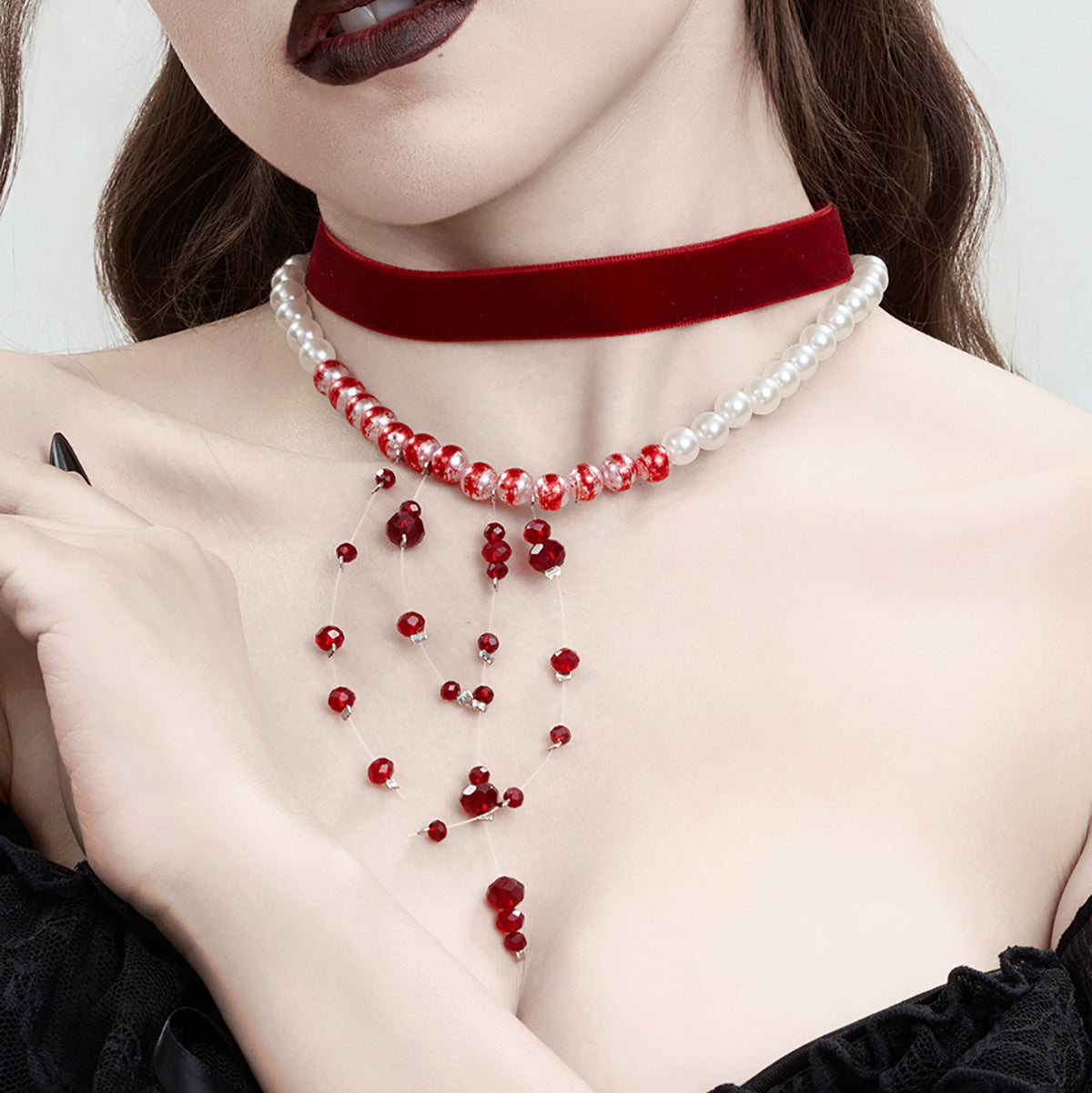 Pearl-Style Gothic Blood Drop Choker