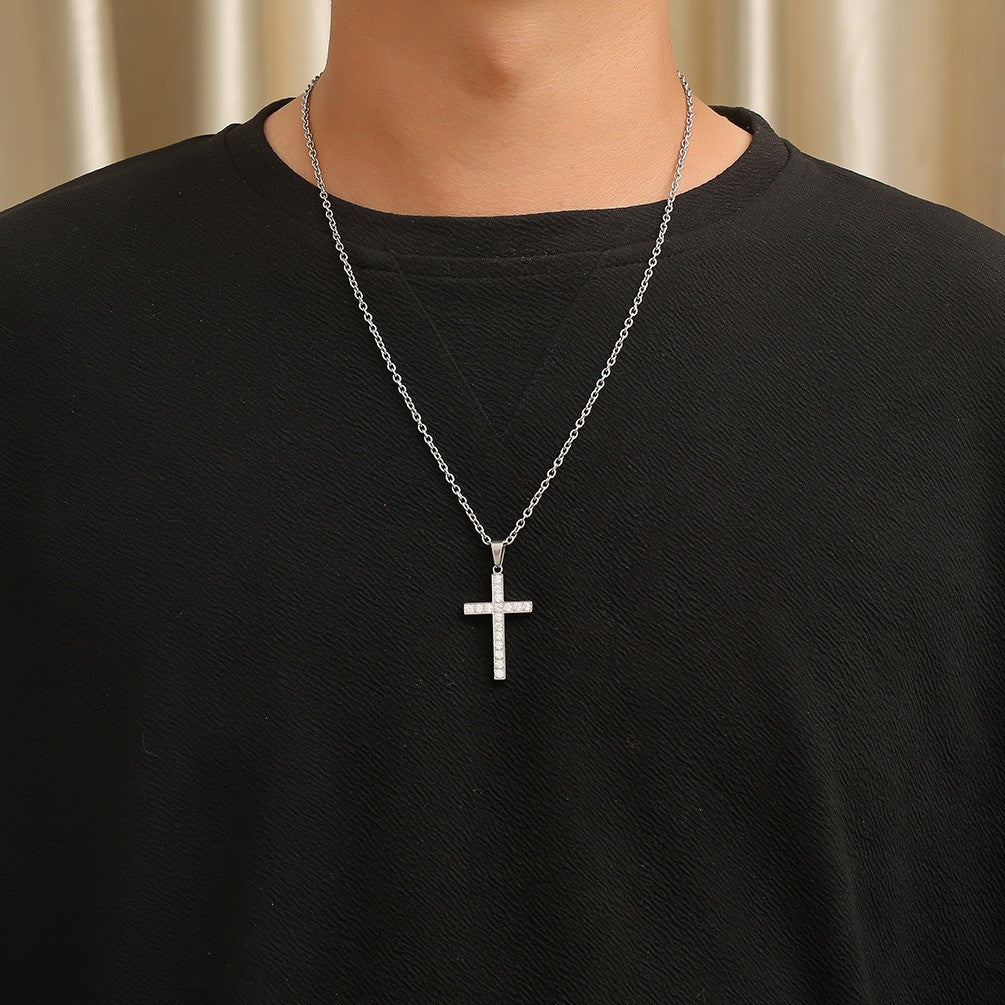 Planderful Titanium Steel Cross Necklace With Zircon Stones Unisex Luxury Jewelry