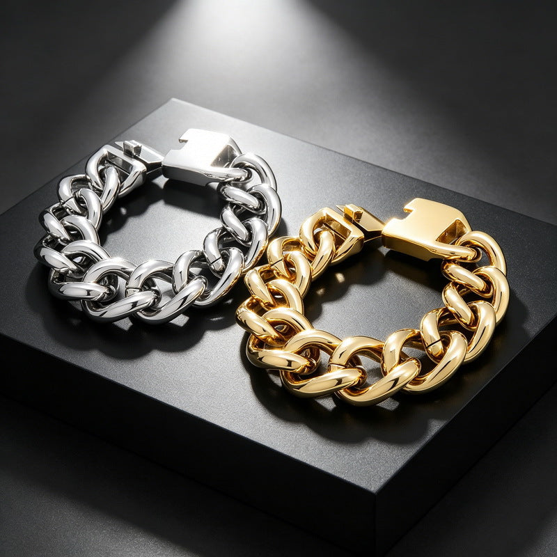 Atmospheric Cuban Chain 24mm Wide Smooth Solid Cuban Chain Street Style Stainless Steel Bracelet