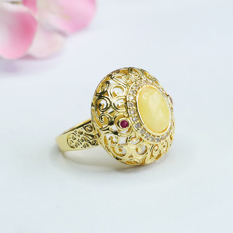 Auspicious Cloud Sterling Silver Ring with Beeswax Amber