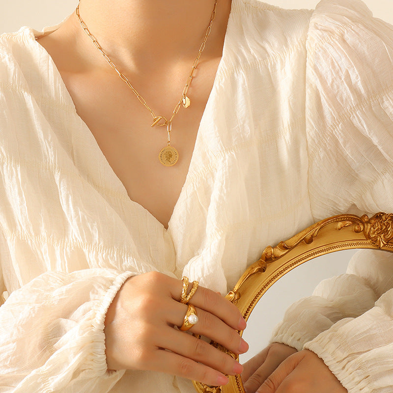 Cross-Continental Gold-Plated Geometric Pendant Necklace with OT Buckle