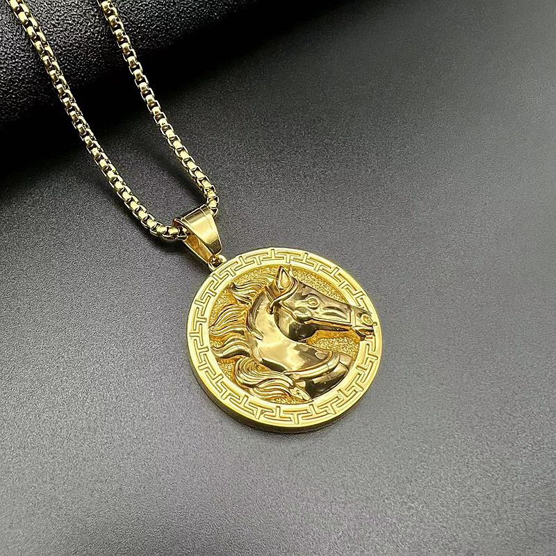 Planderful Gold Plated Stainless Steel Horse Head Pendant Necklace Polished For Hip Hop Fans