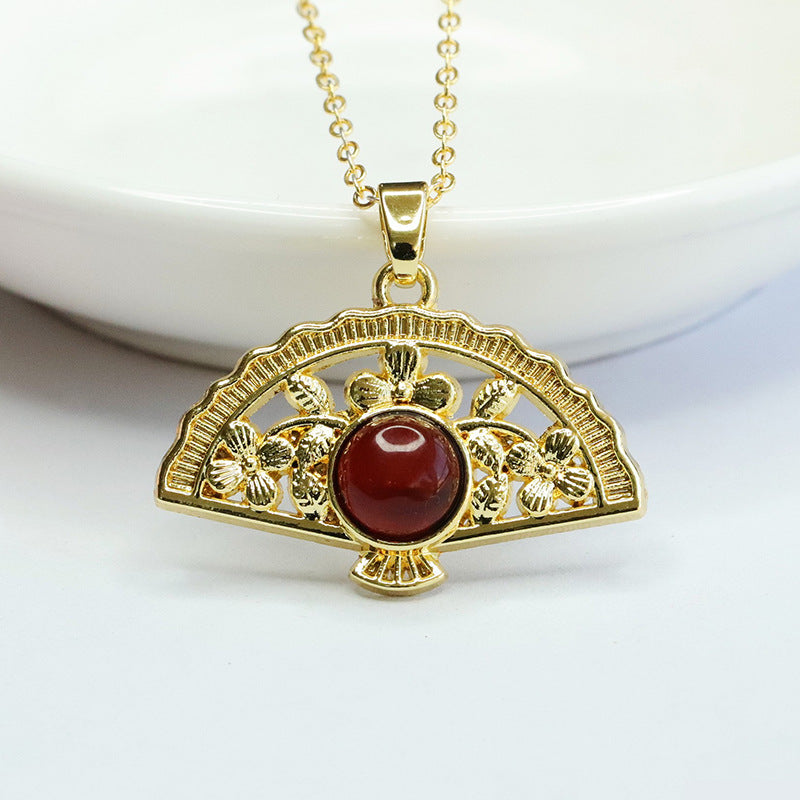 Elegant Round Honey Amber Fan Pendant Traditional Asian Jewellery