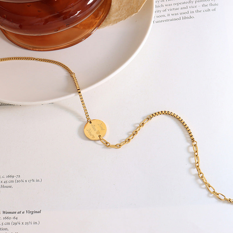 Trendy Titanium Steel Collar Necklace with Round Pendant and Spliced Chain