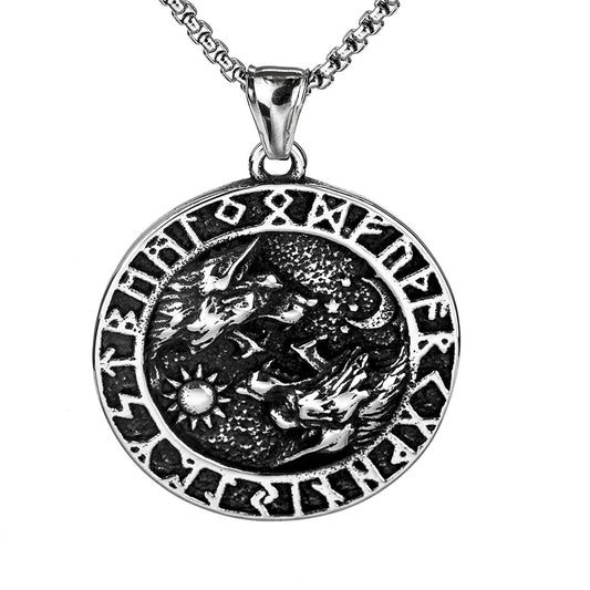 Nordic Vintage Stainless Steel Men's Viking Double Wolf Necklace