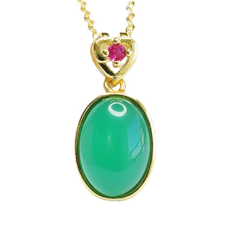 Green Chalcedony Zircon Love Pendant with Oval Design