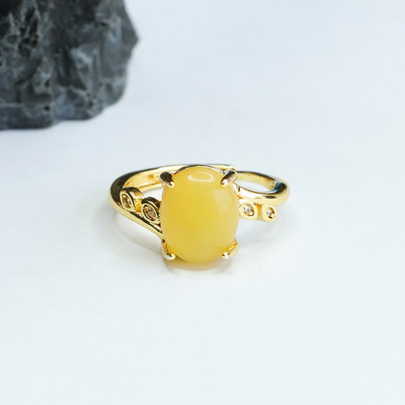 Honey Amber Zircon Leaf Sterling Silver Ring